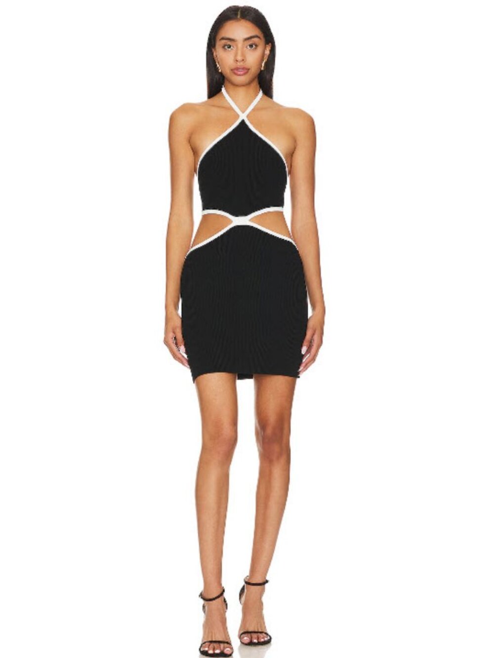 NWT Womens Milly Contrast Trim (Item-7011) Black White Halter Rib Mini Dress S